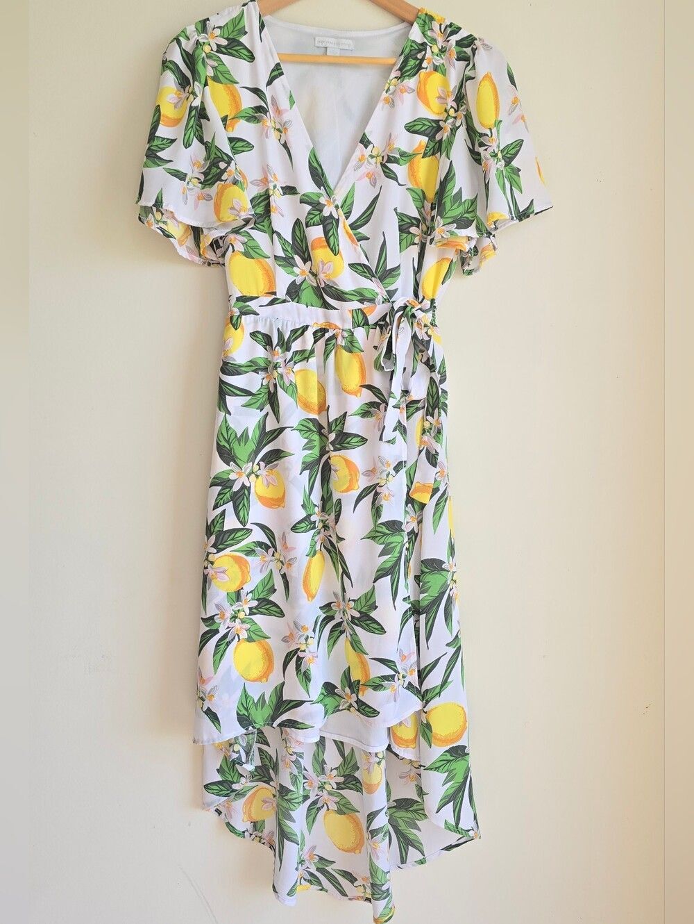 New York & Company Lemon Print Wrap High Low Dress Size XS - Picture 2 of 5